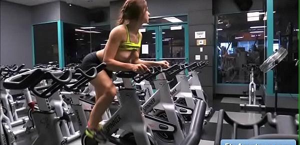  Sexy teen blonde amateur Fiona flash her tits at the gym while working her booty off